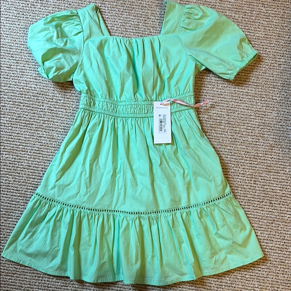 NWT Vineyard Vines Mint Sprig Green Girls Dress XS (5-6) Poplin Puff Sleeve